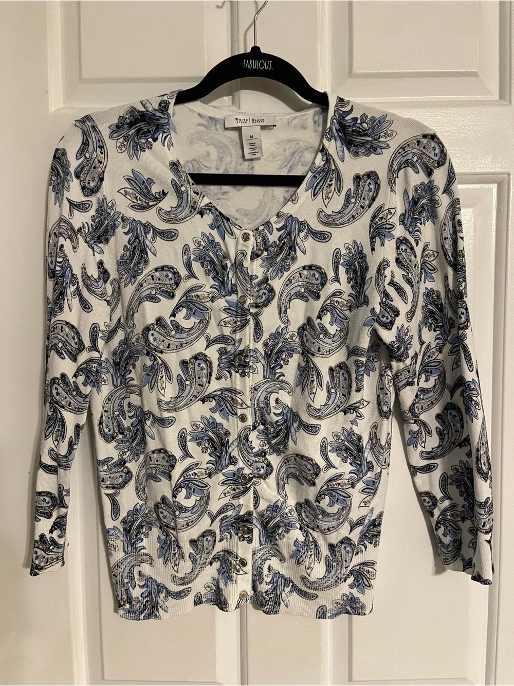 White House Black Market White and Blue Paisley Button Cardigan